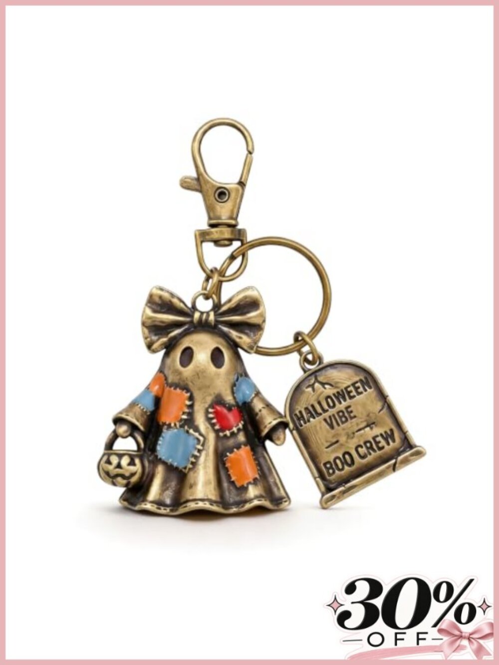 Halloween Ghost Keychain Purse Charm - Metal 3D Patchwork Bag Accessory
